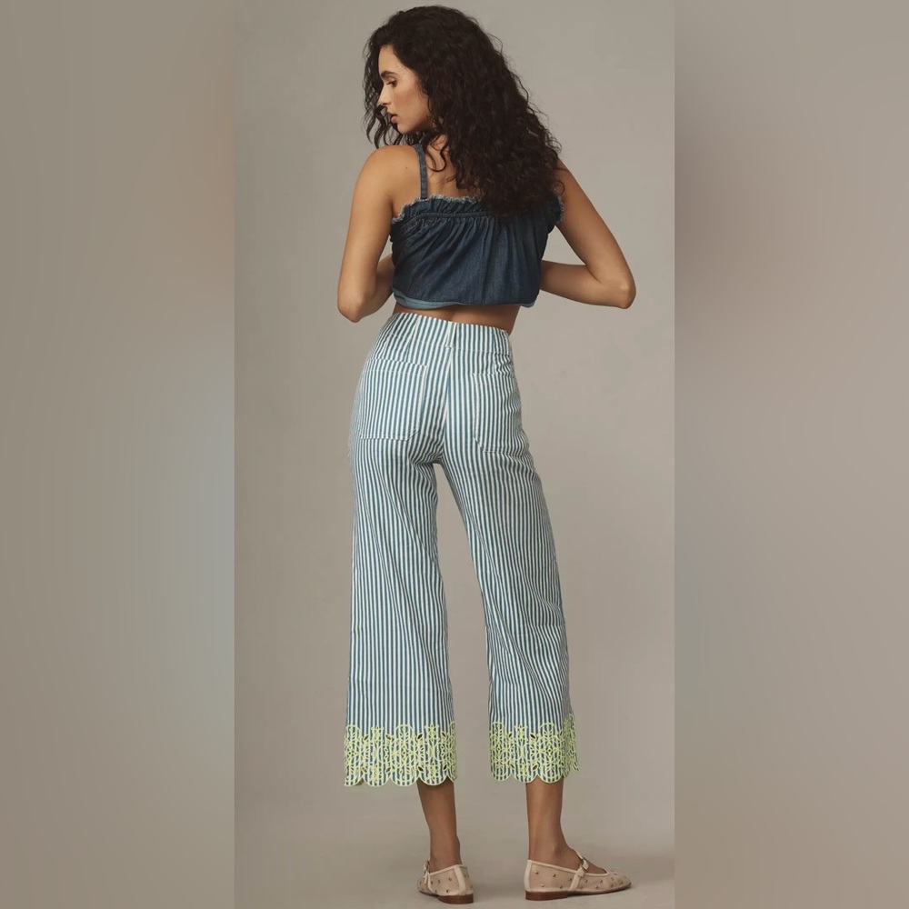 #323 Anthropologie The Colette Pant Blue Striped Linen Blend Embroidered